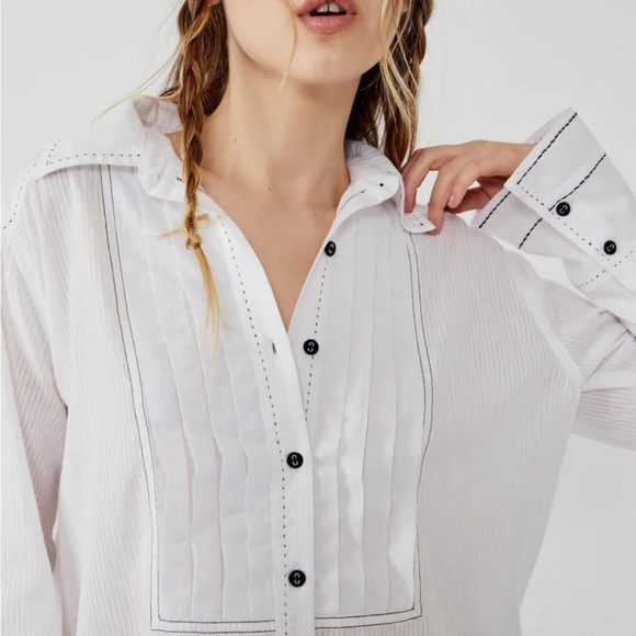 Free People We The Free Black Tie Tux Blouse LARGE - Picture 1 of 8